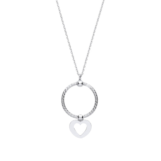 Silver Snake Circle Cutout Heart Disc Pendant Necklace 16" - GVK414