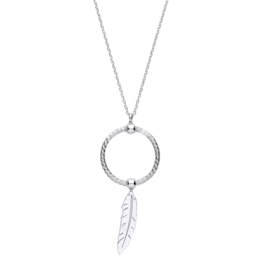 Silver Snake Circle Angel Feather Leaf Pendant Necklace 16" - GVK416