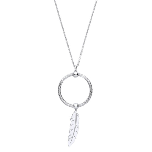 Silver Snake Circle Angel Feather Leaf Pendant Necklace 16" - GVK416