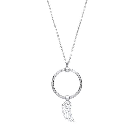 Silver Snake Circle Angel Wing Pendant Necklace 16" - GVK417