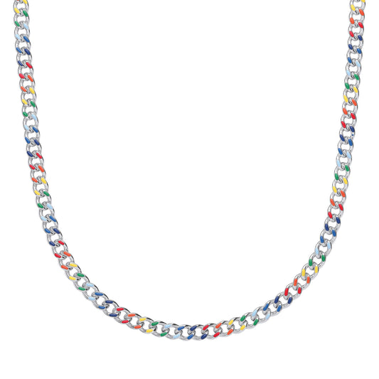 Unisex Silver Rainbow Enamel Hollow Curb Chain Necklace 5mm 16+2" - GVK422