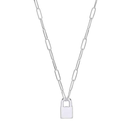 Silver Paperclip Chain Padlock Pendant Necklace 3mm 16 + 2 inch - GVK423