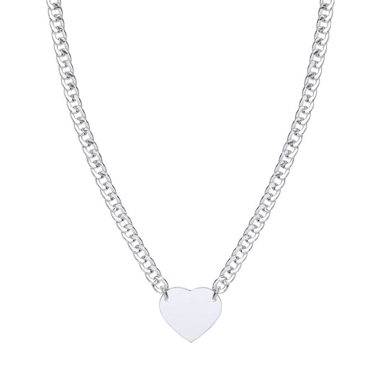 Silver Curb Link Love Heart Tag Pendant Necklace 5mm 16 + 2 inch - GVK424