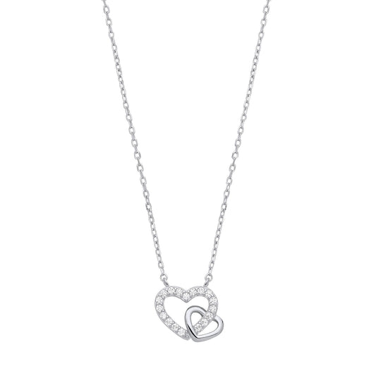 Silver CZ Lil n Large Double Love Heart Lavalier Necklace 16 + 2" - GVK441