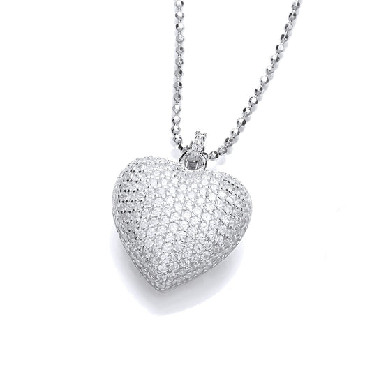 Silver CZ 3D Pave Encrusted Heart Pillow Pendant Necklace 17" - GVK449