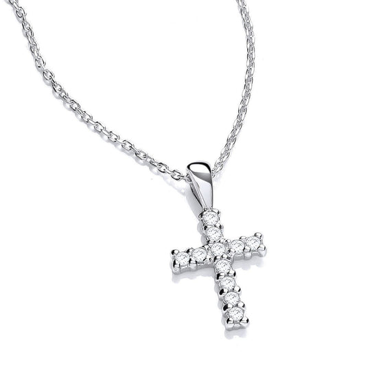 925 Silver CZ Eleven Stone Dainty Cross Pendant Necklace 17 inch - GVK455