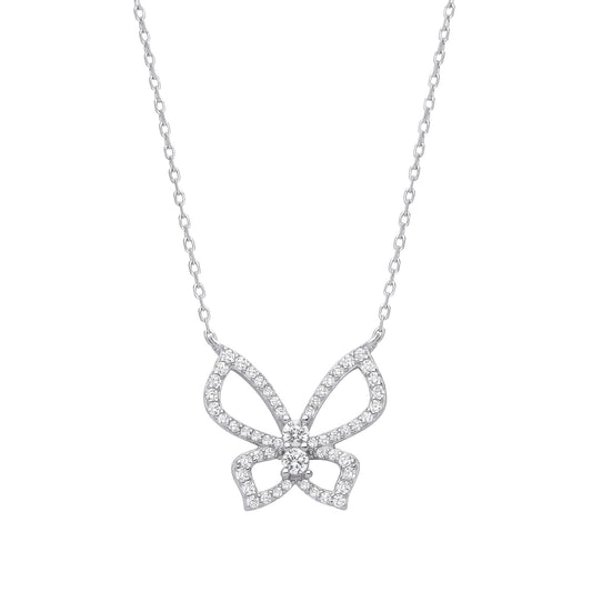 Silver CZ Art Deco Butterfly Outline Bow Lavalier Necklace 18" - GVK458