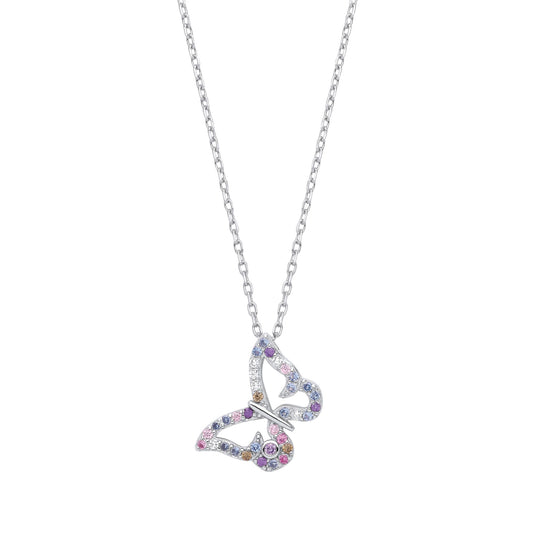 Silver Pink Lilac Peach CZ Fleeting Pastel Butterfly Necklace 18" - GVK460