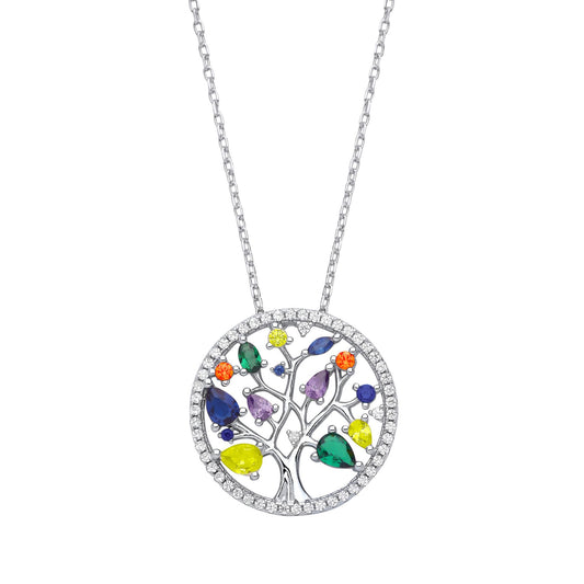 Silver Blue Yellow Green Pear CZ Tree of Life Halo Necklace 18" - GVK461