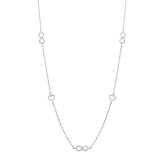 Silver Love Heart Eternity Charms Station Necklace 17 + 2 inch - GVK465