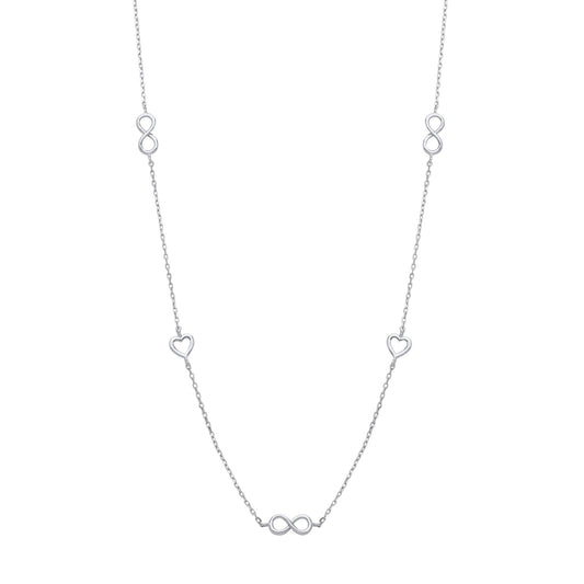 Silver Love Heart Eternity Charms Station Necklace 17 + 2 inch - GVK465