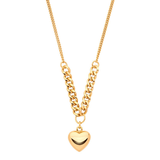 Gilded Silver Curb Link Love Heart Charm Necklace 3mm 16 + 2 inch - GVK466