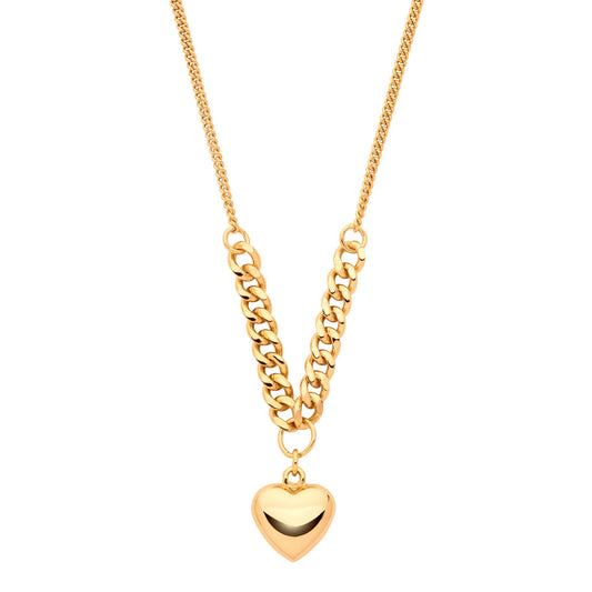 Gilded Silver Curb Link Love Heart Charm Necklace 3mm 16 + 2 inch - GVK466