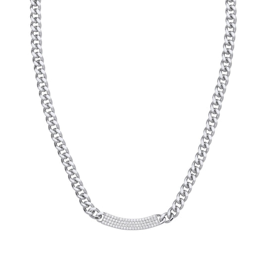 Silver CZ Curb Link Chain Pave ID Bar Necklace 5mm 16 + 2 inch - GVK480