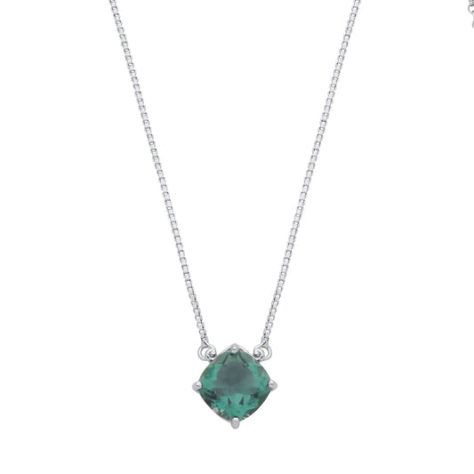 Silver Green Cushion CZ Scroll Top Wig Solitaire Necklace 16" - GVK483