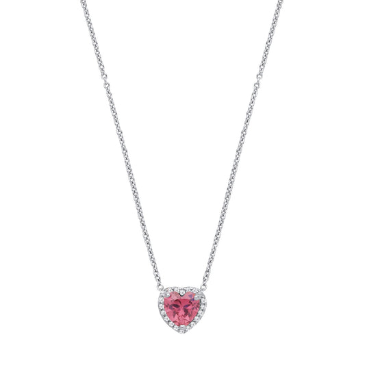 Silver Pink Heart CZ Heart Halo Solitaire Lavalier Necklace 16" - GVK485