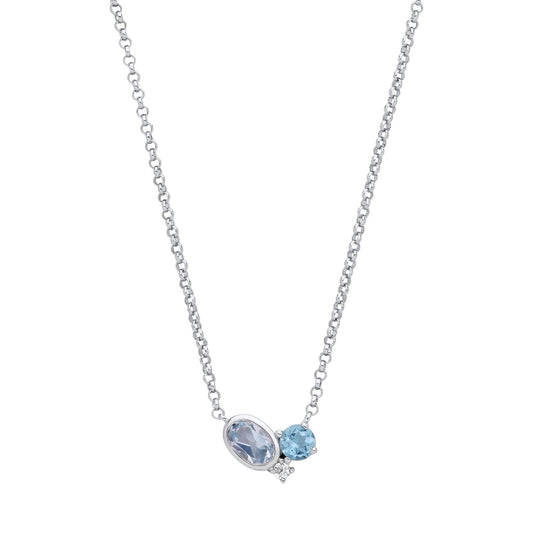 Silver Swiss Blue Oval CZ Thought Bubble Halo Toi et Moi Necklace - GVK486