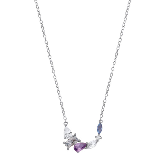 Silver Purple Blue Pear Radiant CZ Dolphin Arc Necklace 16" - GVK487