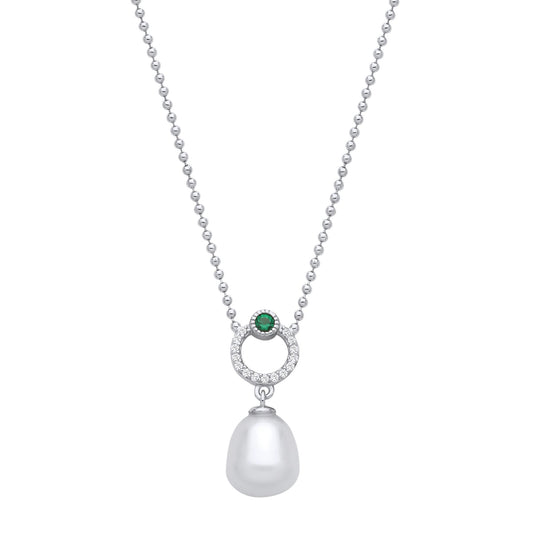 Silver Cream Green Nugget Pearl CZ Eyeball Lantern Necklace 16" - GVK490