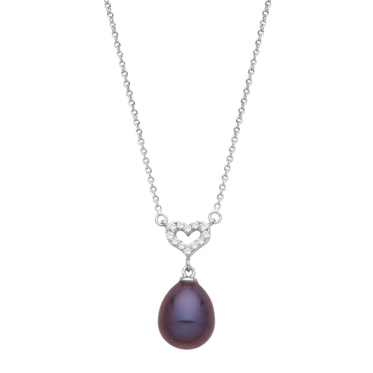 Silver Purple Pear Pearl CZ Heart Peacock Plum Necklace 16" - GVK491