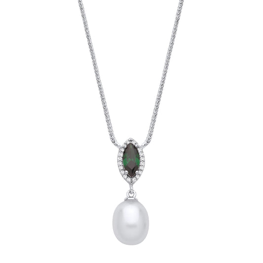 Silver Cream Green Oval Pearl CZ Cats Eyes Halo Necklace 16" - GVK492