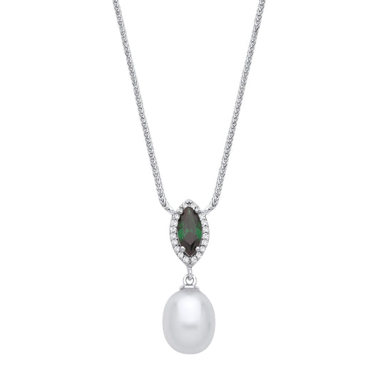 Silver Cream Green Oval Pearl CZ Cats Eyes Halo Necklace 16" - GVK492