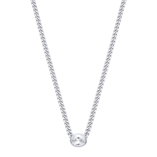 Silver Oval CZ Solitaire Collarette Curb Chain Necklace 3mm 17.5" - GVK496RH