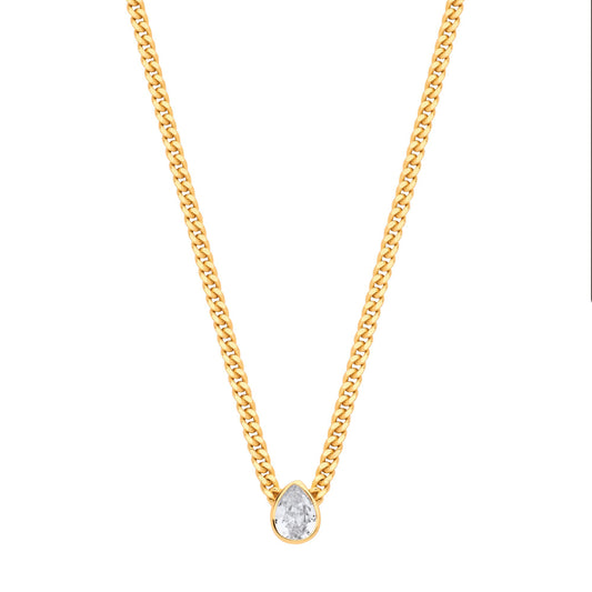 Gilded Silver Pear CZ Collarette Curb Chain Necklace 3mm 17.5" - GVK497G