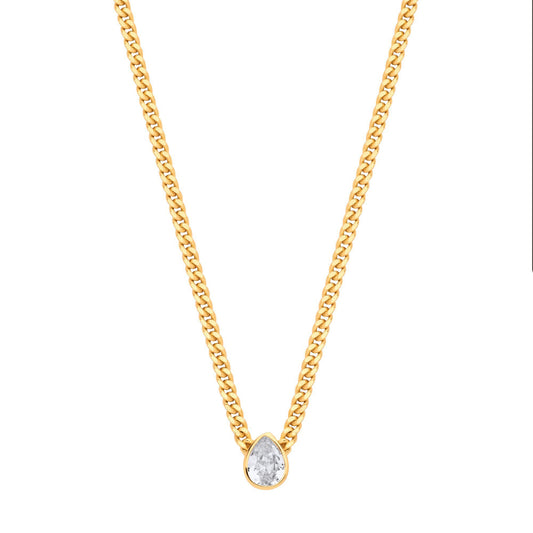 Gilded Silver Pear CZ Collarette Curb Chain Necklace 3mm 17.5" - GVK497G