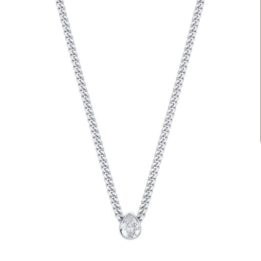 Silver Pear CZ Solitaire Collarette Curb Chain Necklace 3mm 17.5" - GVK497RH