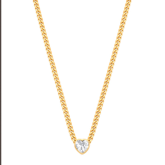 Gilded Silver Heart CZ Collarette Curb Chain Necklace 3mm 17.5" - GVK498G