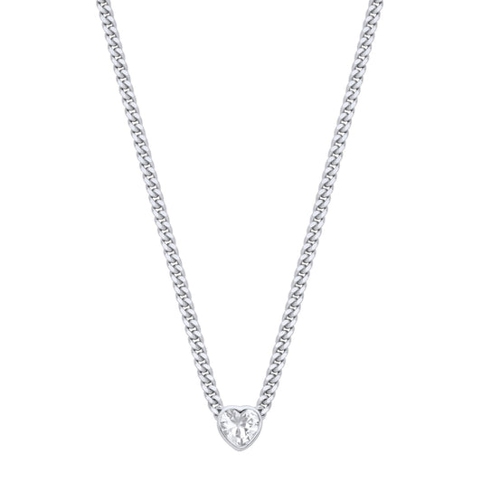 Silver Heart CZ Collarette Curb Chain Necklace 3mm 17.5" - GVK498RH