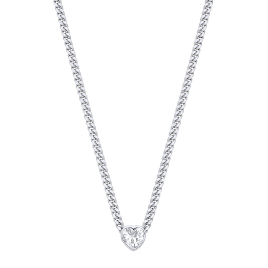 Silver Heart CZ Collarette Curb Chain Necklace 3mm 17.5" - GVK498RH