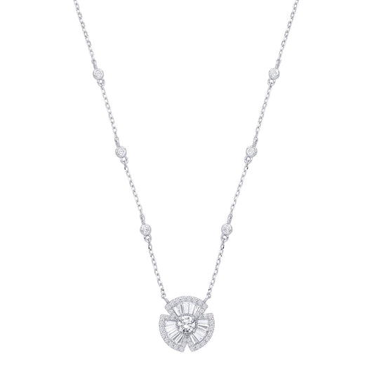 Silver CZ Clover Bow Fan Pendant Station Necklace 17+2inch - GVK501