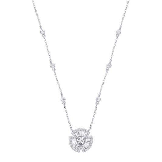 Silver CZ Clover Bow Fan Pendant Station Necklace 17+2inch - GVK501