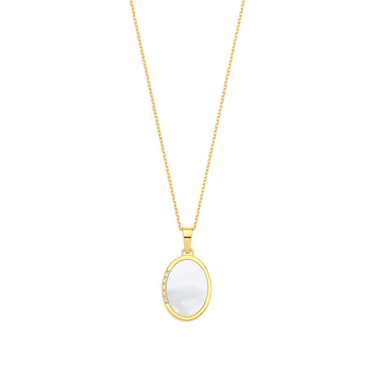 Gold-plated Silver Rainbow Oval MOP CZ Oval Mirror Necklace - GVK524