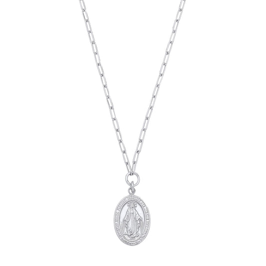 Silver Miraculous Madonna Medallion Paperclip Chain Link Necklace - GVK525