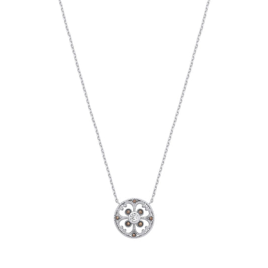 Silver Marcusite CZ Clover Mosaic Hot Cross Bun Button Necklace - GVK526