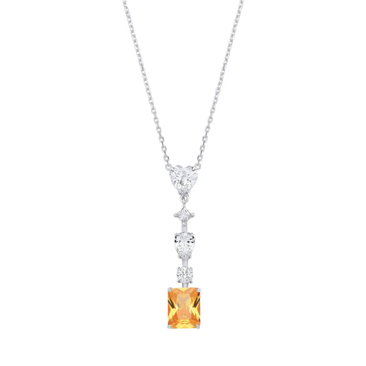 Silver Yellow Radiant Heart Pear CZ Amber Sunset Tiered Necklace - GVK528