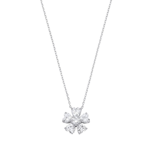 Silver Heart CZ Eternal Bloom 5 Petal Flower Lavalier Necklace - GVK529