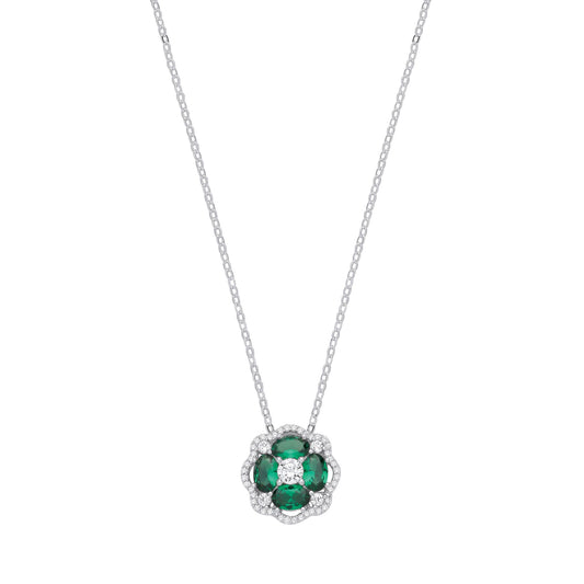 Sterling Silver CZ & Emerald Flower Pendant Necklace - GVK530