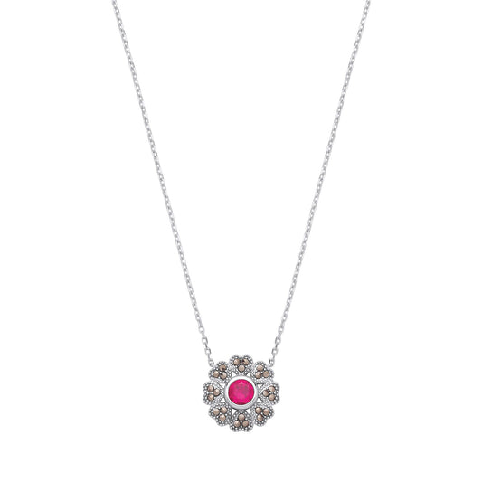Sterling Silver CZ & Ruby Flower Pendant Necklace - GVK531