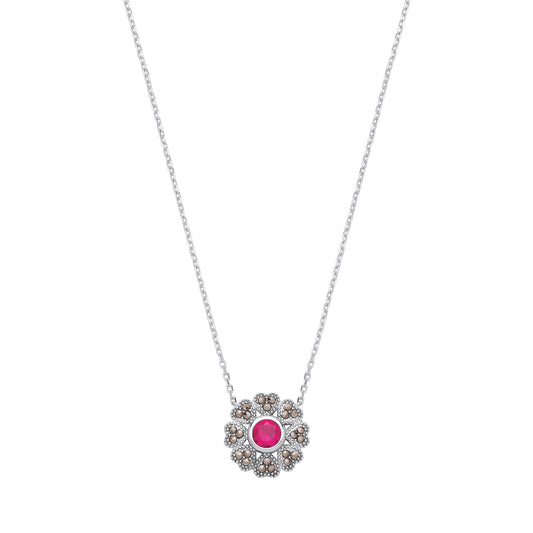 Silver Red Brown Marcusite CZ Chocolate Hearts & Arrows Necklace - GVK531