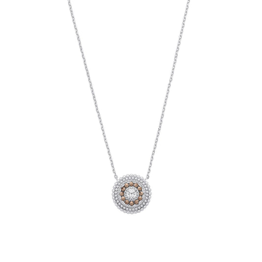 Silver Brown Marcusite & CZ Beaded Halo Solitaire Necklace - GVK533