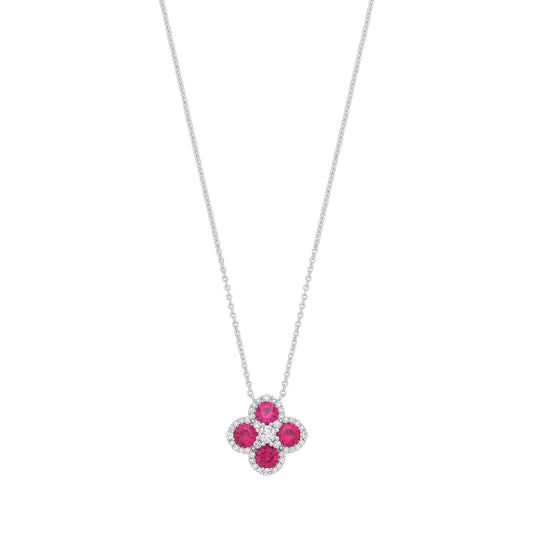 Sterling Silver CZ & Ruby Clover Pendant Necklace - GVK536