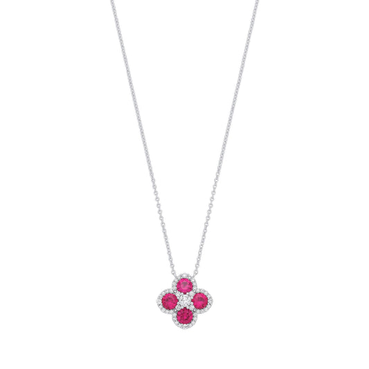 Silver Red CZ Clover Kiss Quatrefoil Cluster Lavalier Necklace - GVK536