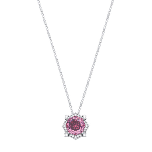 Silver Pink Octagon CZ Flower Petal Kaleidoscopic Necklace - GVK542PINK