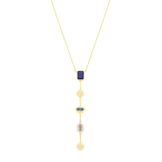 Gold-plated Silver Blue CZ Bold Mismatched Lucky Dip Necklace - GVK545