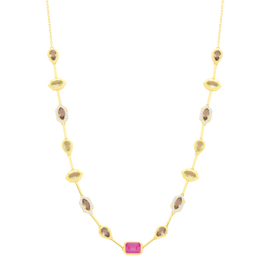 Gold-plated Silver Fuchsia Green CZ Lucky Dip Mismatched Necklace - GVK546