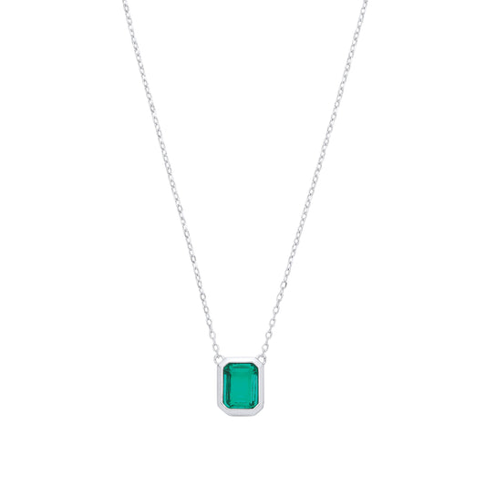 Silver Green CZ Octagonal Bezel Halo Hidden Side Stones Necklace - GVK549